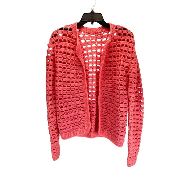 Handmade Coral Pink Open Knit Crochet Cardigan Sweater Long Sleeve Womens Medium - Picture 1 of 7